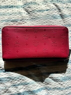 MCM Embossed Zip Wallet in Raspberry Red